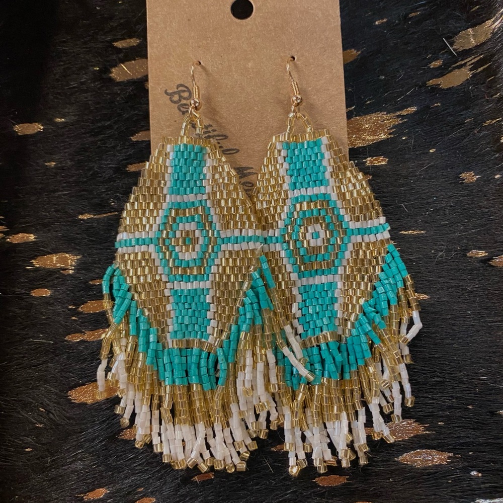 Beaded Boho Earrings - Teal & Gold